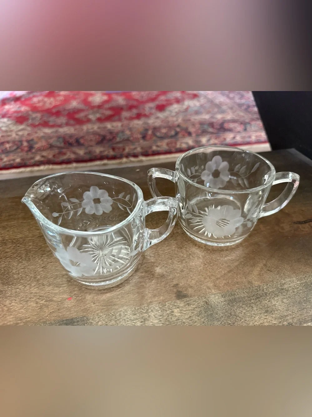 Vintage Floral Cut and Etched Glass Cream, Sugar, and Dish Set